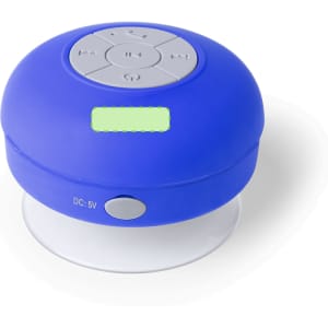 A blue Rariax Speaker featuring a suction base and control buttons on the top. It has a branding logo.