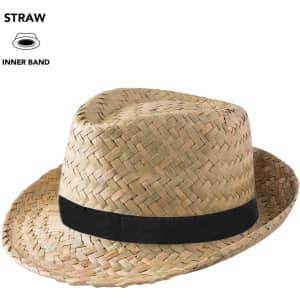 A straw fedora hat in natural tones with a black inner band. Suitable for warm weather wear.