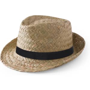 A straw hat with a woven design and a black band around the base.