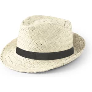 A straw hat in a light beige colour with a black band around the base. It features a woven design and has a logo.