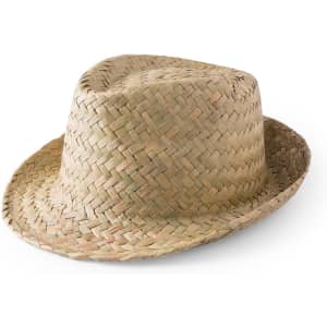 A straw hat with a light tan colour, featuring a slightly raised crown and a wide brim. It has a woven design and a branding logo.