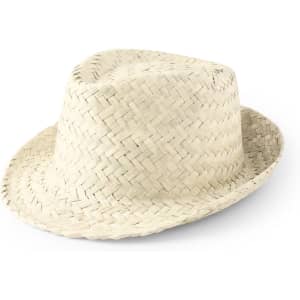 A straw hat in a light beige colour, featuring a woven design and a small branding logo.