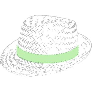 A straw hat with a textured design and a green ribbon band. It features a logo on the side.