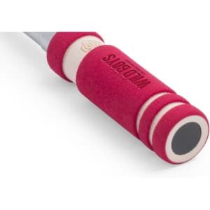 A red selfie stick with a textured grip, featuring a logo and a sleek silver extension.