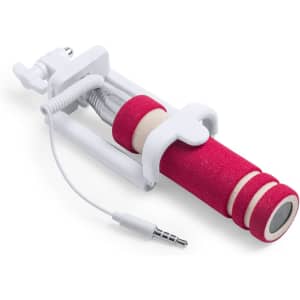 A pink and white selfie stick with a phone holder and a plug-in connector for easy use. It has a branded logo.