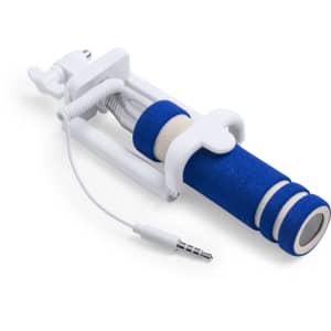 A blue and white selfie stick with a coiled cord for connection, featuring a handle and adjustable phone holder.
