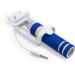 A blue and white selfie stick with a coiled cable and a grip for enhanced handling. It includes a connector for phones.