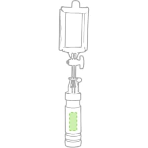 A selfie stick with a green grip, featuring a phone holder and adjustable arm. It has a logo on the handle.