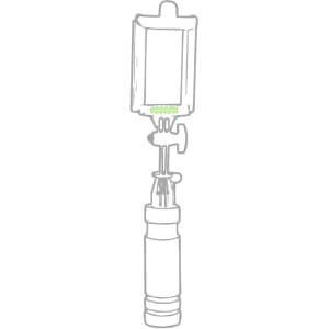 A selfie stick with a grey and green design, featuring a grip handle and an extending arm for phone attachment.