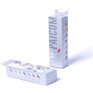 A packaging box for the Paicom Selfie Stick, featuring a variety of colours and a logo on the front.