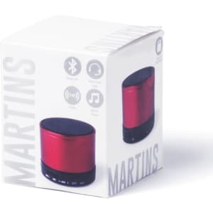 A red Bluetooth speaker in a white box with a logo and icons representing its features.