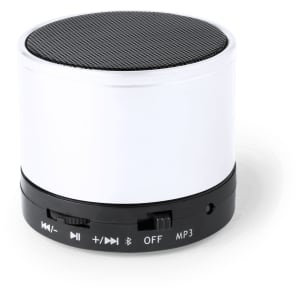 A compact white speaker with a black grille and control buttons on the side, including a Bluetooth function.