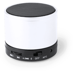 A round, white Bluetooth speaker with a black top and controls on the side. It features a logo on the base.