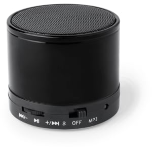 A small black portable speaker with a mesh top and control buttons on the side. It features a branding logo.