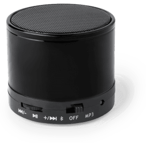 A compact black Bluetooth speaker with buttons for play, pause, volume, and an OFF switch.