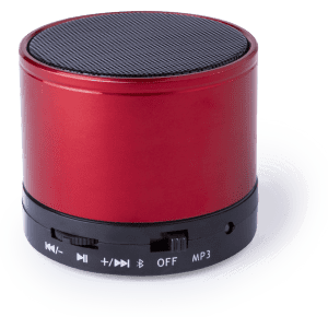 A red portable speaker featuring a mesh top and control buttons on the side, including Bluetooth and MP3 options.