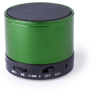 A green portable speaker with a black base, featuring control buttons and a mesh speaker grill on top.
