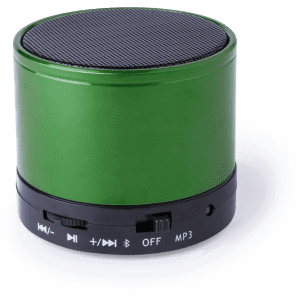 A green portable speaker with a black base and control buttons for playback and Bluetooth connectivity.
