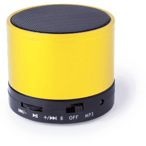 A yellow Bluetooth speaker with a black base, featuring control buttons and a mesh top.