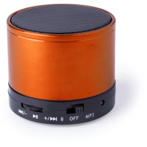 An orange cylindrical Bluetooth speaker with a black base and control panel. It features a textured top.
