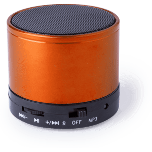 An orange, round portable speaker with control buttons and a black mesh top. Features a logo on the base.