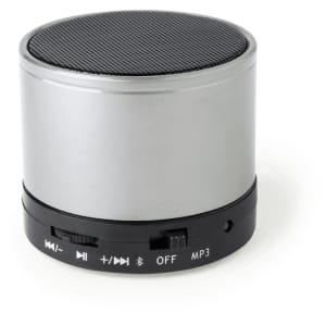 A cylindrical speaker in silver and black with a mesh top and control buttons on the side. It has a brand logo.