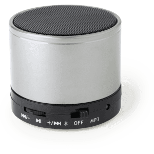 A compact silver speaker with a black base, featuring control buttons and a textured top.