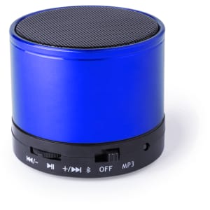 A blue portable speaker with a black grill and control buttons on the base, featuring a logo.