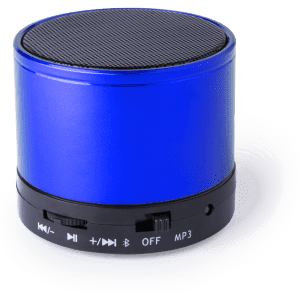 A round blue speaker with a black mesh top and control buttons on the base, featuring a logo.