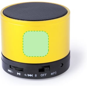 A yellow portable speaker with a black base, featuring buttons for control and a logo on the side.