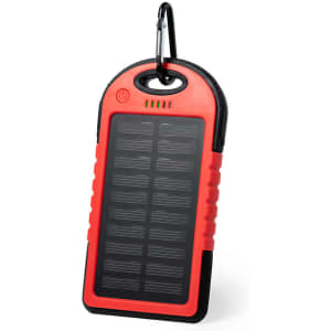 A red and black power bank with a solar panel and a carabiner for easy attachment. It features indicator lights.