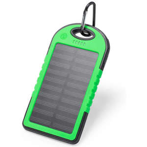 A green and black power bank with a solar panel and a carabiner attachment. It features a logo on the surface.