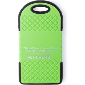 A green power bank with a textured surface, featuring two output ports and a capacity of 4000mAh. It has a logo.