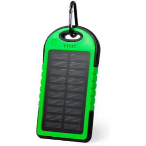 A green and black power bank with a solar panel and a carabiner for attachment. It features a logo on the front.