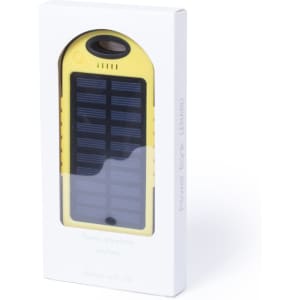 A yellow power bank in a white box, featuring a solar panel design and a branding logo.