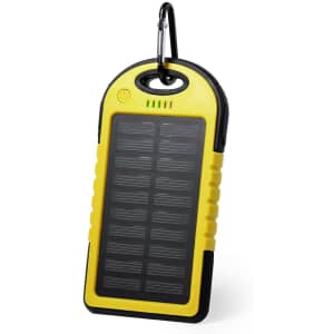 A yellow and black power bank with solar panels and a carabiner for attachment. It features indicator lights.