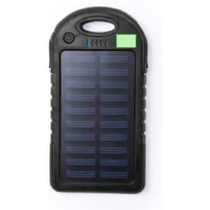 A black power bank with a solar panel design, featuring a logo and a green accent.