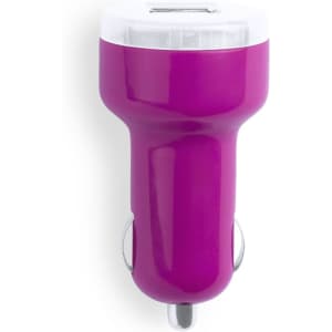 A pink USB car charger with a white top features a logo on its surface.