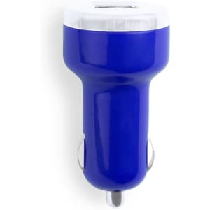 A blue USB car charger with a white top and silver connector. It includes a logo on the surface.