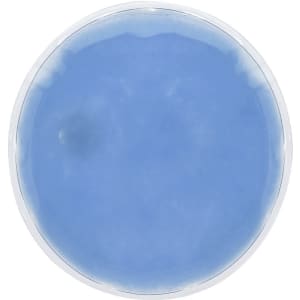 A round, blue heat pack with a clear outer casing, featuring a smooth, gel-like texture.