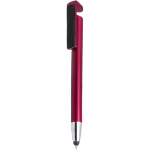 A red metal pen with a clip and a black rubber grip, showcasing a sleek design.