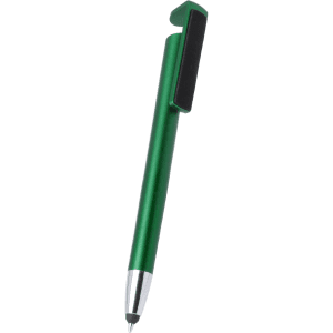 A green pen with a silver tip and a clip, featuring a sleek design and promotional branding.