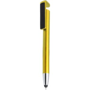 A yellow pen with a black clip and silver tip, featuring a sleek design and smooth finish.
