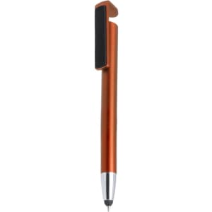 An orange pen with a metallic finish and a black clip, featuring a silver tip at the end.