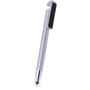 A silver pen with a clip and a rubberised grip, featuring a branding logo on the side.