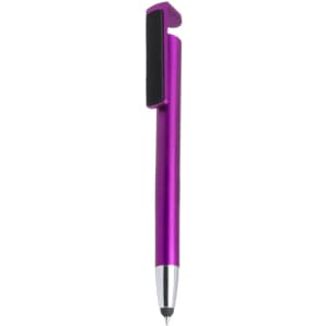A pink metallic pen with a clip at the top and a black stylus tip at the end. It features a logo.