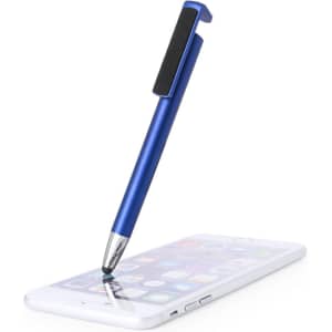 A blue pen with a stylus tip rests on a smartphone screen. The pen features a logo.