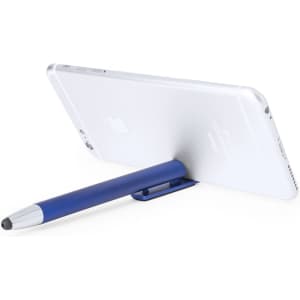 A blue pen with a silver tip attached to a device stand, holding a smartphone upright. The pen has a logo.