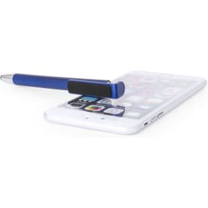 A blue pen rests on a smartphone screen, showcasing a promotional product with a logo.