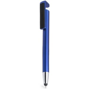 A blue pen with a sleek design and a clip, featuring a silver tip and a black rubberised section.